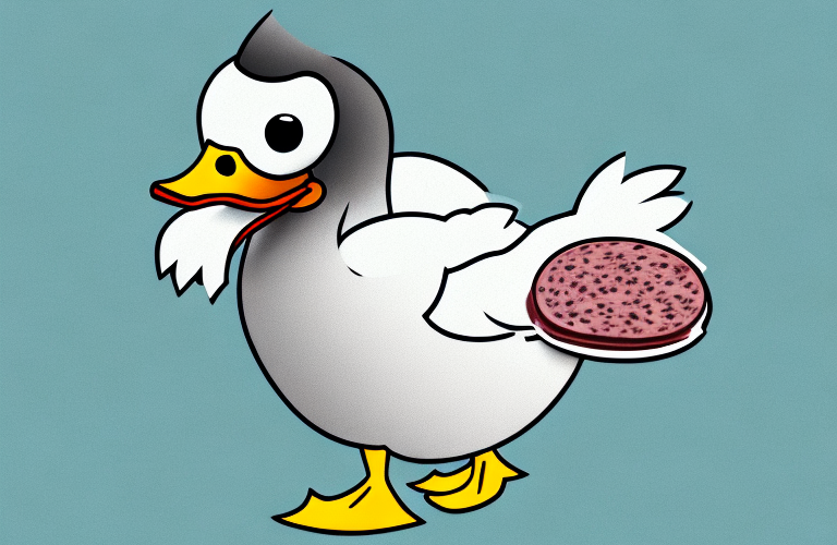 A duck eating salami