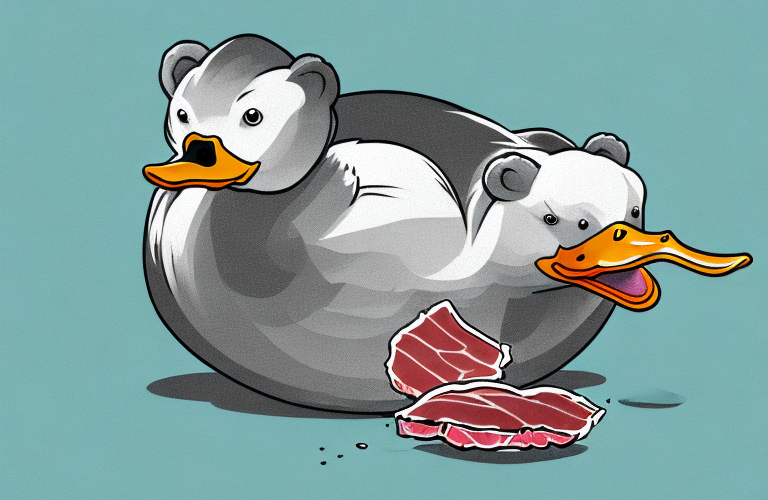 A duck eating a piece of bear meat