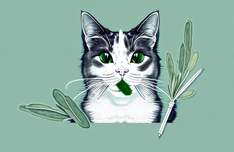 A cat eating a sage leaf