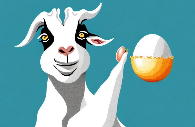 A goat eating a boiled egg