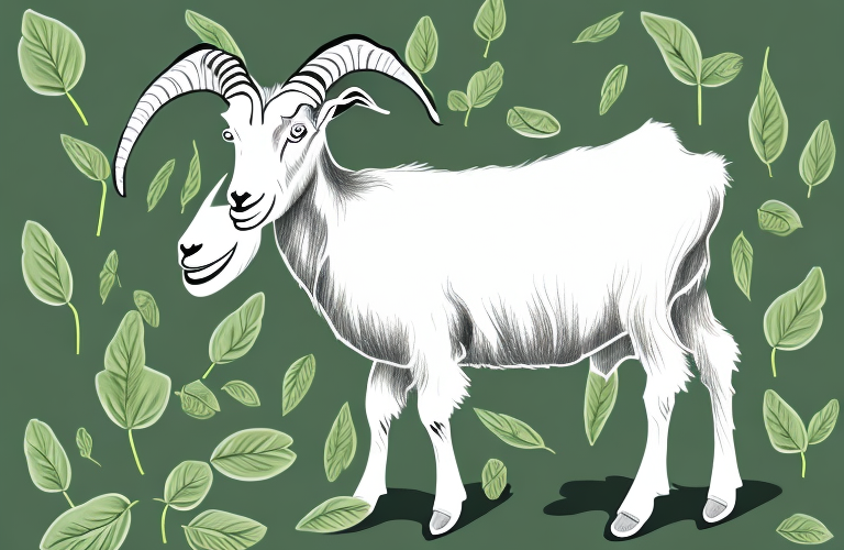 A goat eating basil leaves from a bush