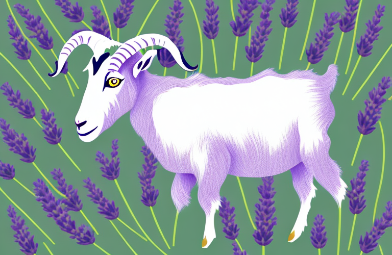 A goat eating lavender from a bush