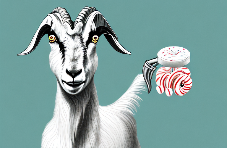 A goat eating a peppermint candy