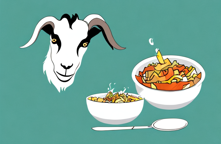 A goat eating savory food from a bowl