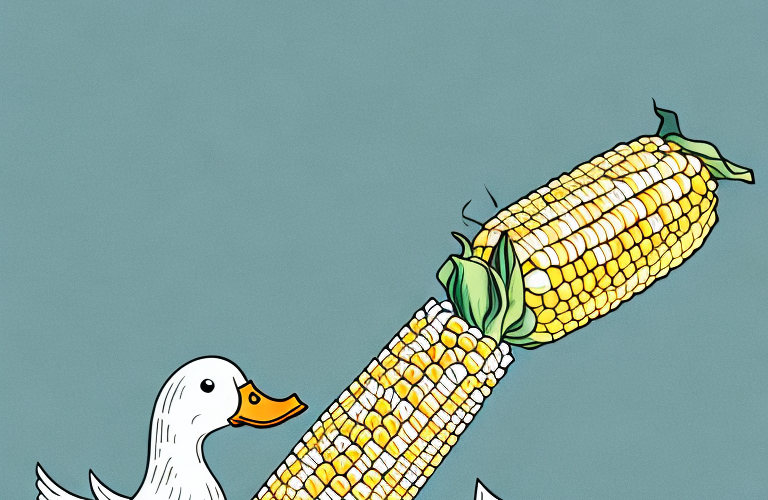A duck eating a cob of corn