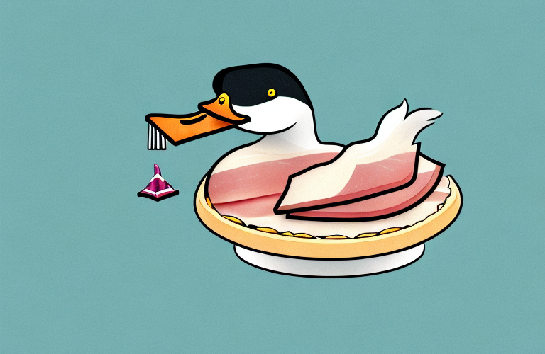 A duck eating a slice of ham
