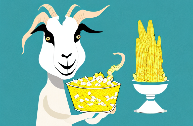 A goat eating corn from a bowl