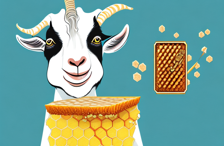 A goat eating honey from a honeycomb