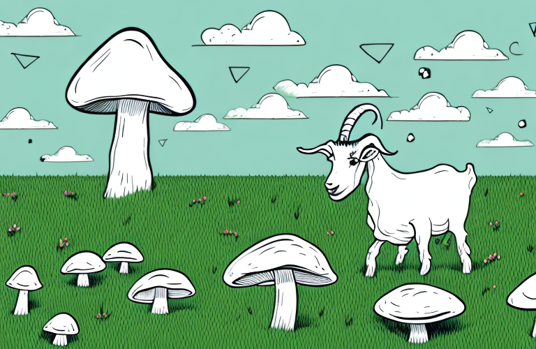 A goat eating mushrooms in a field