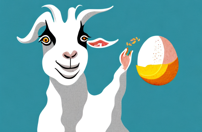 A goat eating a raw egg