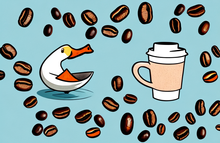 A duck eating coffee beans