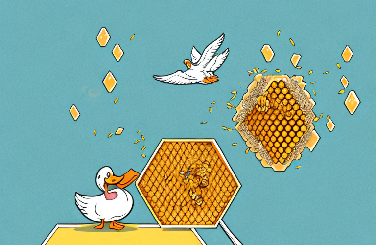 A duck eating honey from a honeycomb
