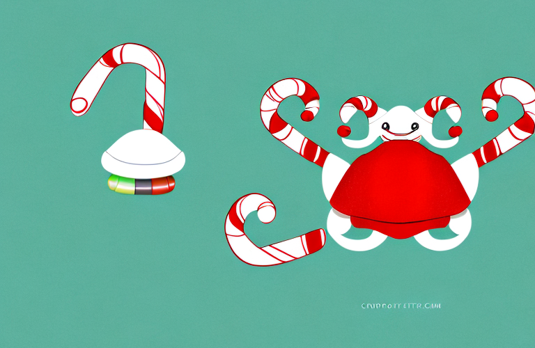A hermit crab holding a candy cane in its claws