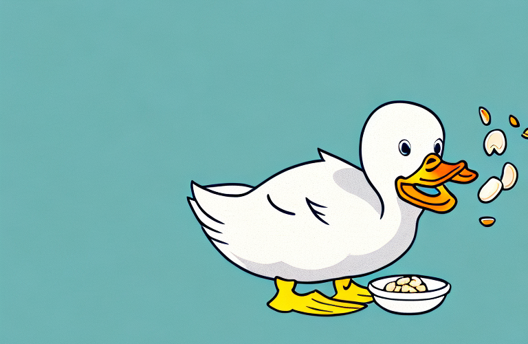 A duck eating peanuts from a bowl