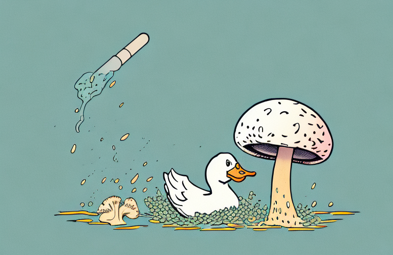 A duck eating a mushroom in a natural outdoor setting