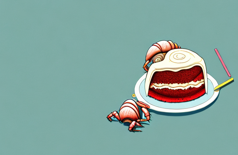 A hermit crab eating a piece of red velvet cake