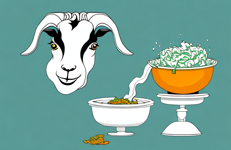 A goat eating relish from a bowl