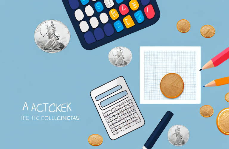 A stack of coins with a calculator and pen beside it