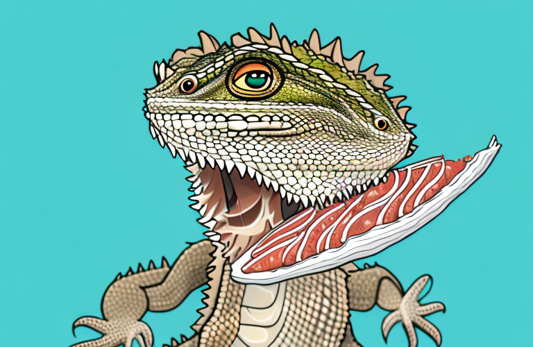 A bearded dragon eating a piece of tuna fish