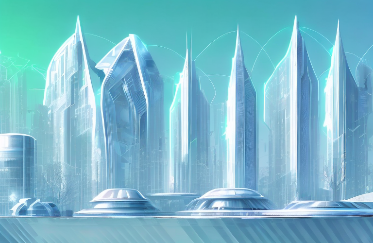 A futuristic cityscape with a large