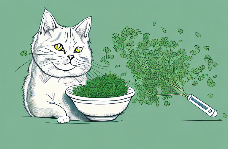 A cat eating a sprig of cilantro