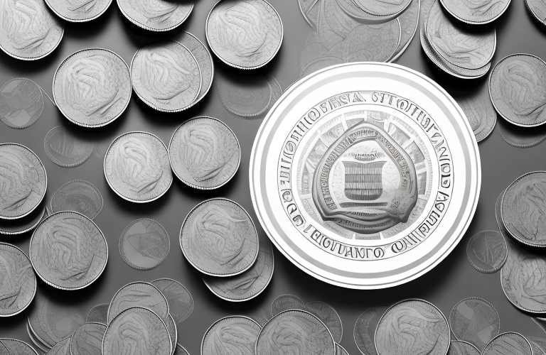 A stack of coins and a document with a seal on it