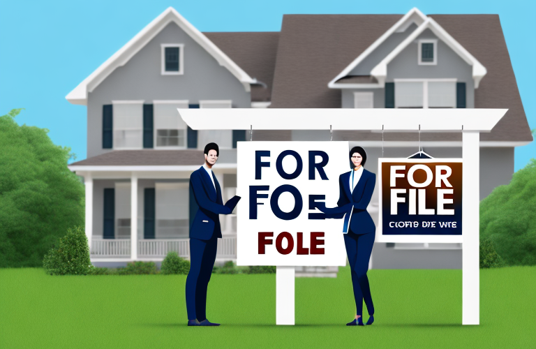 Two people standing side-by-side in front of a house with a 'for sale' sign