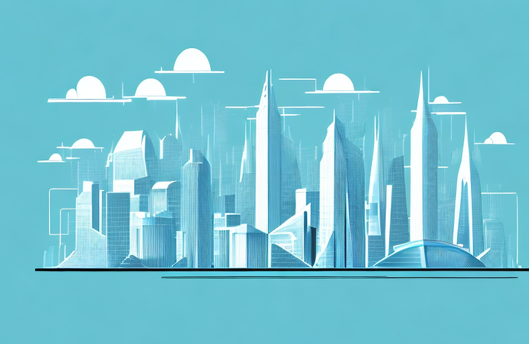 A futuristic city skyline with a focus on the financial industry