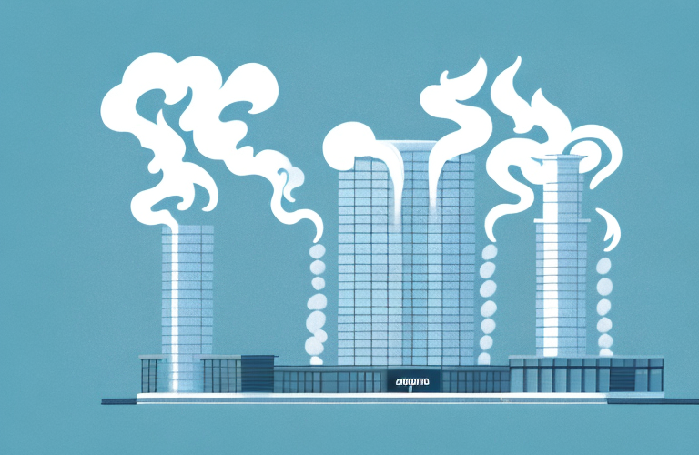 A large corporate building with a smoke plume rising from it