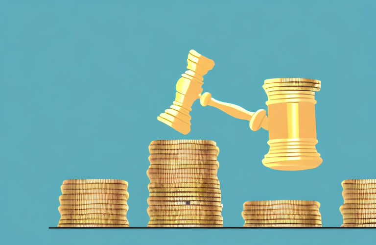 A stack of coins with a gavel on top