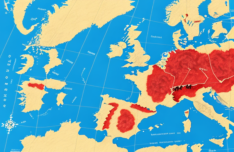 A map of europe with a red storm cloud hovering over it