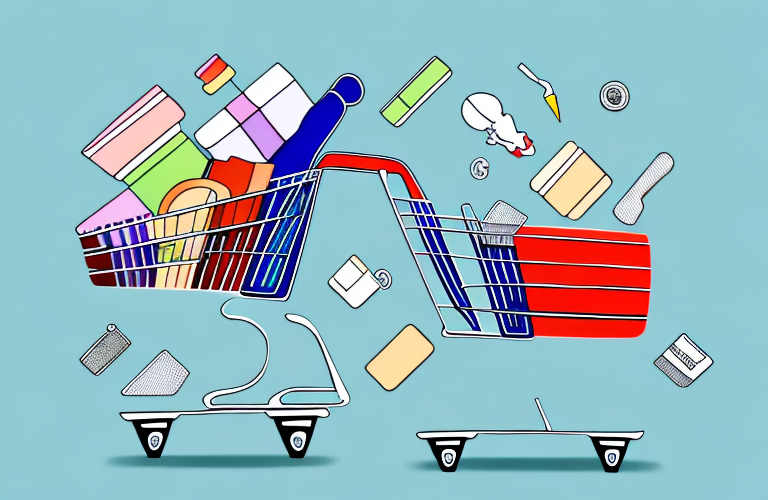A shopping cart filled with a variety of consumer goods