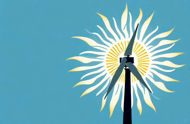 A wind turbine with a sunburst in the background
