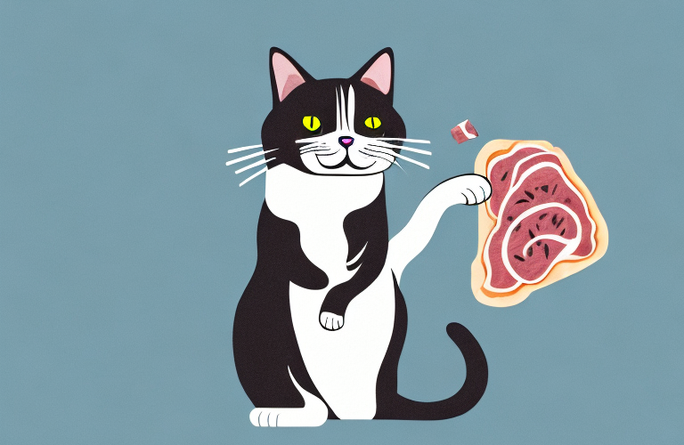 A cat eating a piece of ham