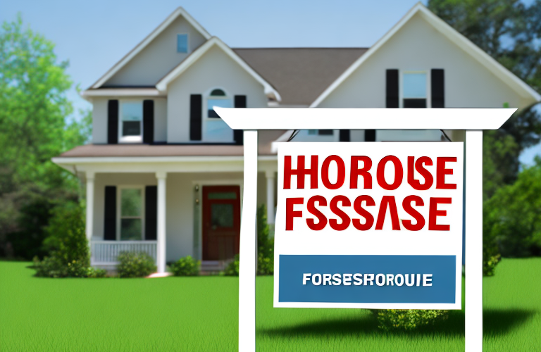 A house with a "foreclosure" sign in the front yard
