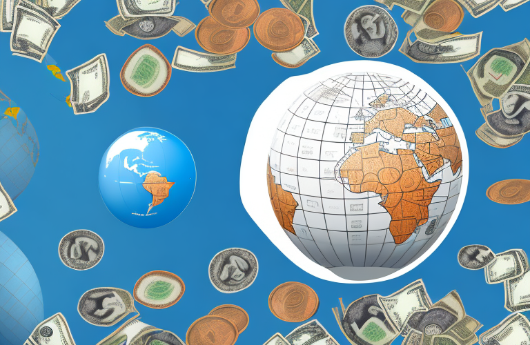 A globe with different currencies and arrows to represent the exchange of money between countries