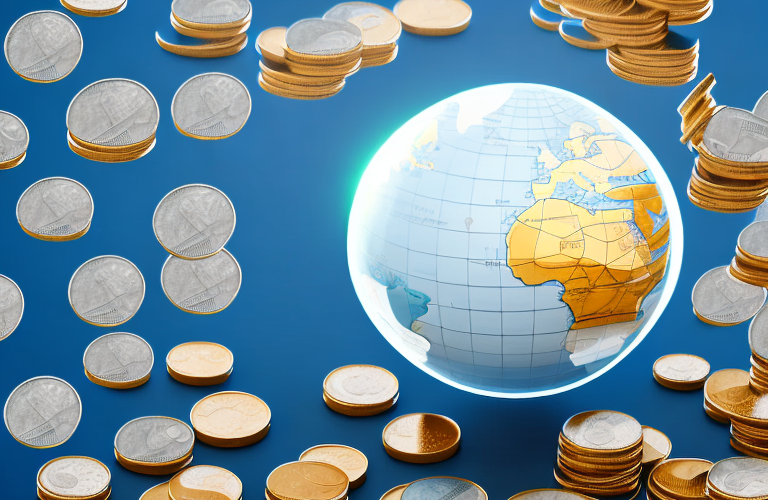 A stack of coins with a globe in the background