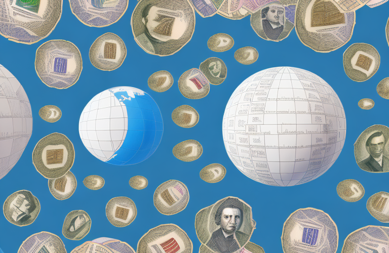 A globe with different types of currency scattered around it