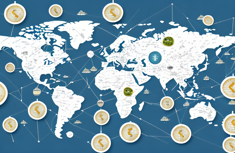A world map with a variety of financial symbols and icons scattered across it