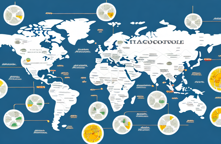 A world map with a variety of financial symbols and indicators