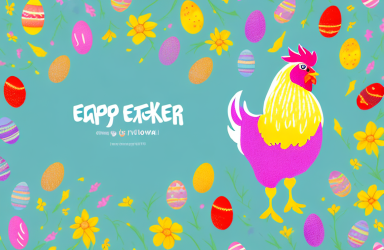 A colorful easter egger chicken standing in a flowery field