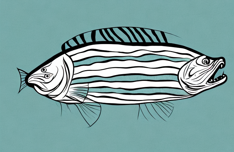 A striped bass fish with a cat looking at it