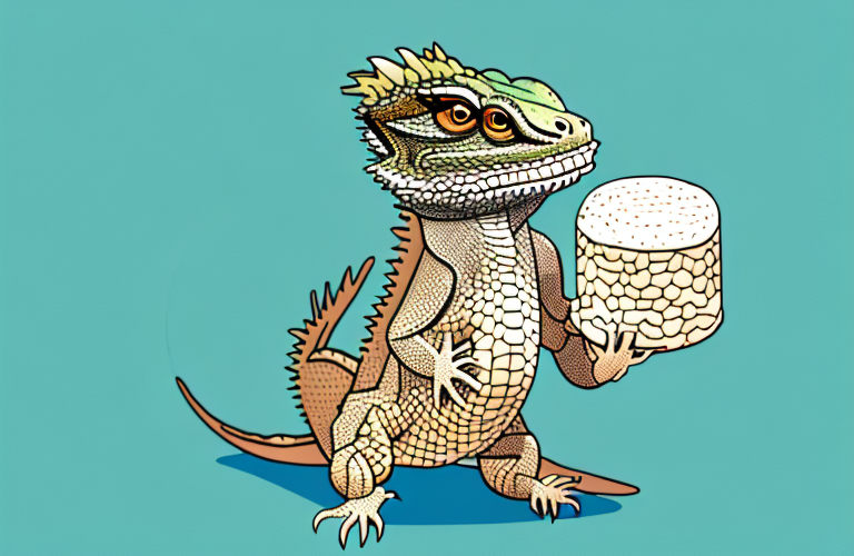 A bearded dragon eating a rice cake