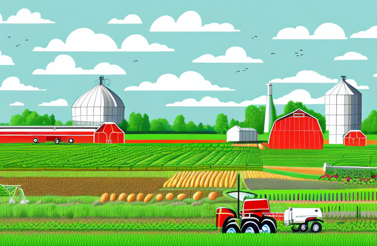 A farm landscape with a variety of crops and agricultural equipment