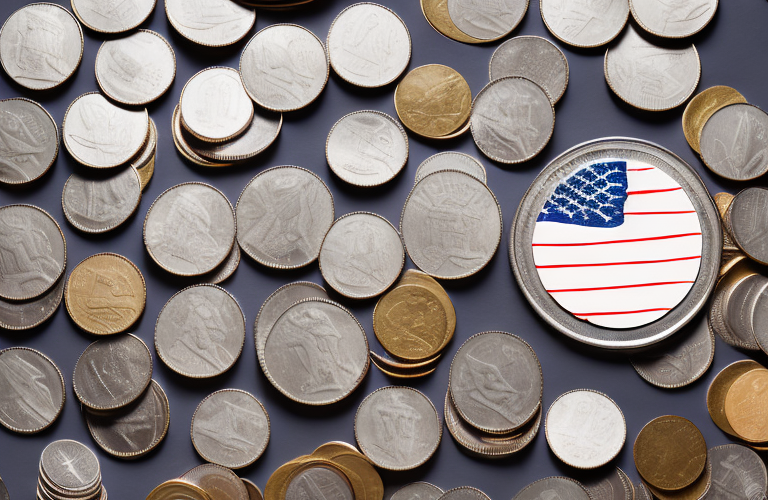 A stack of coins with an american flag in the background