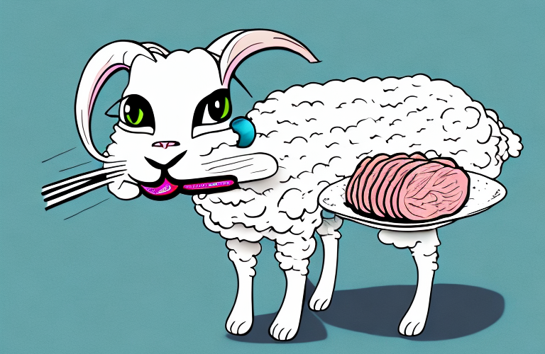 A cat eating a piece of lamb