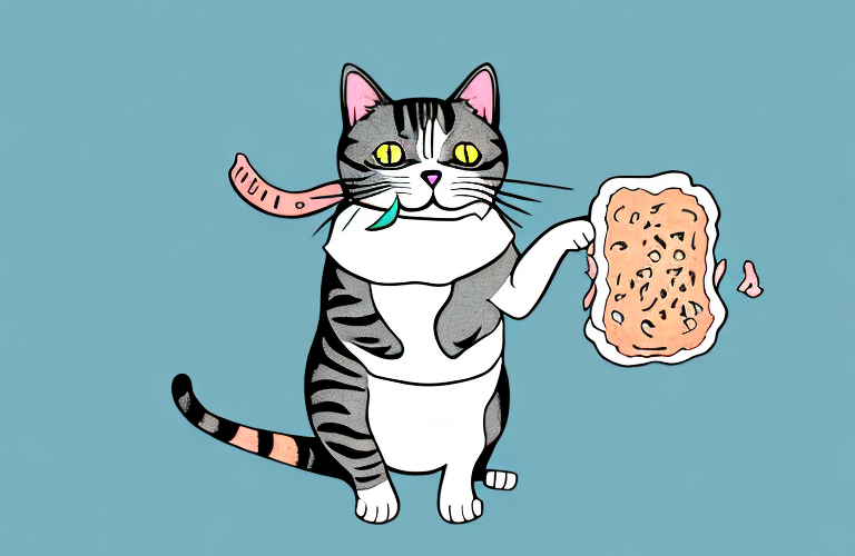 A cat eating a piece of pork