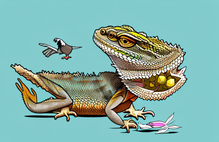 A bearded dragon eating a pigeon pea