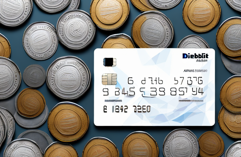 A debit card in front of a background of coins and bills