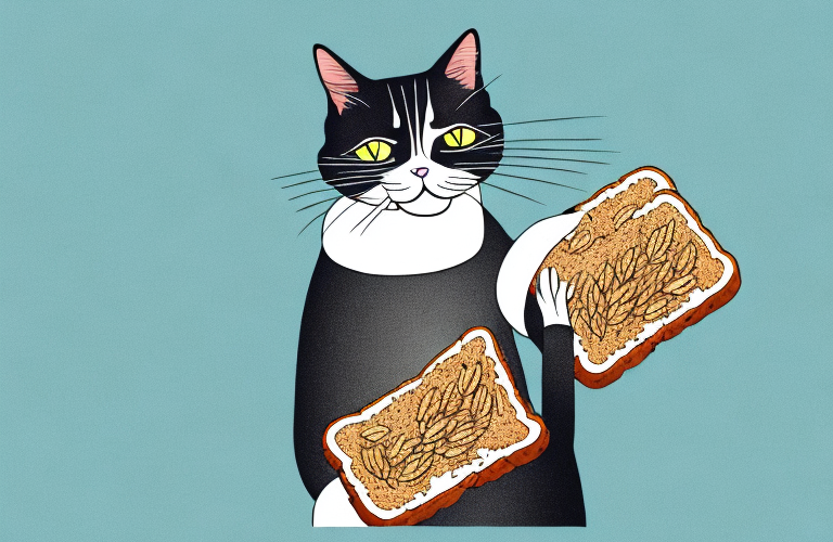 A cat eating a piece of rye bread